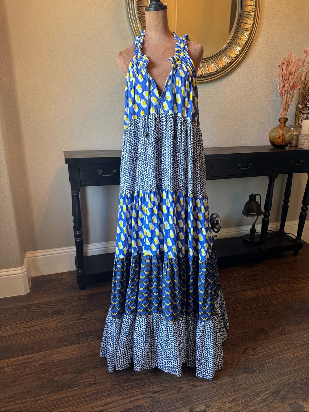 Blue & Yellow Printed Maxi Dress - Sleeveless Halter Style